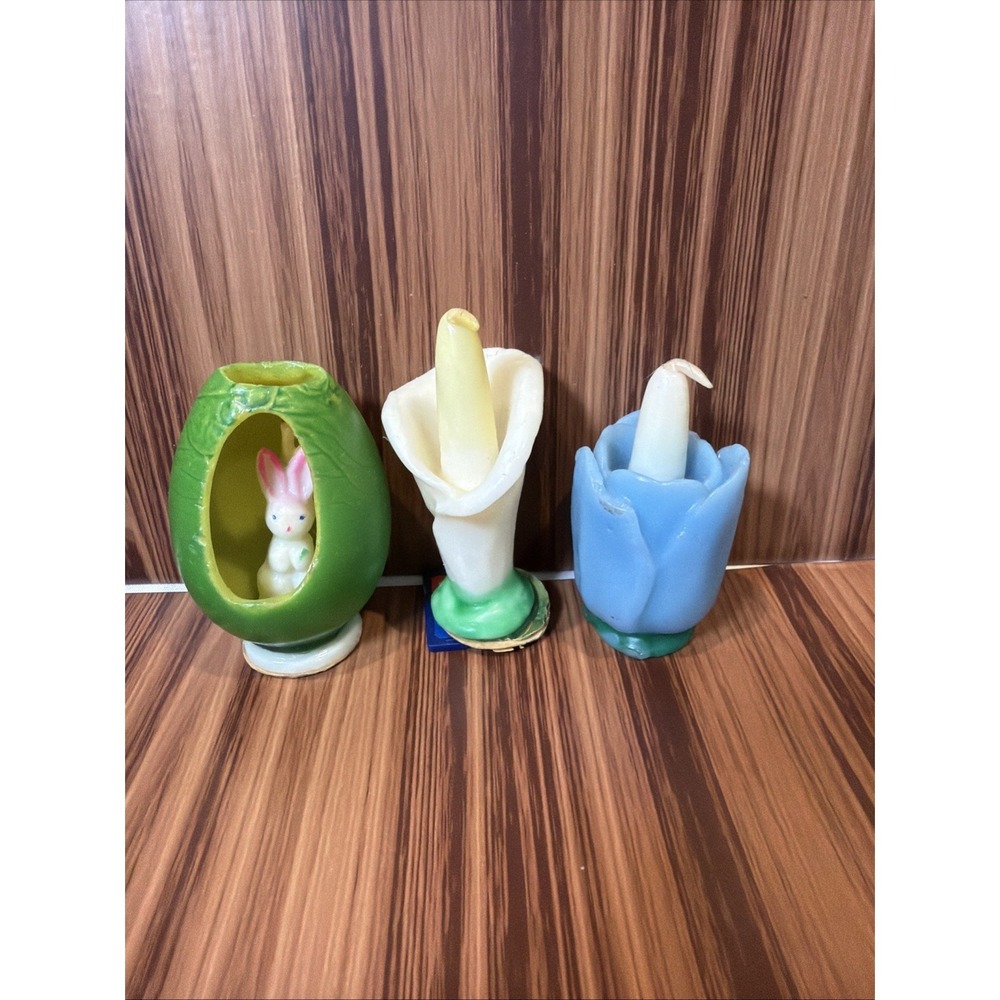 Vintage Gurley Easter Candles Bunny Egg Diorama Blue Tulip White Lily Lot 3